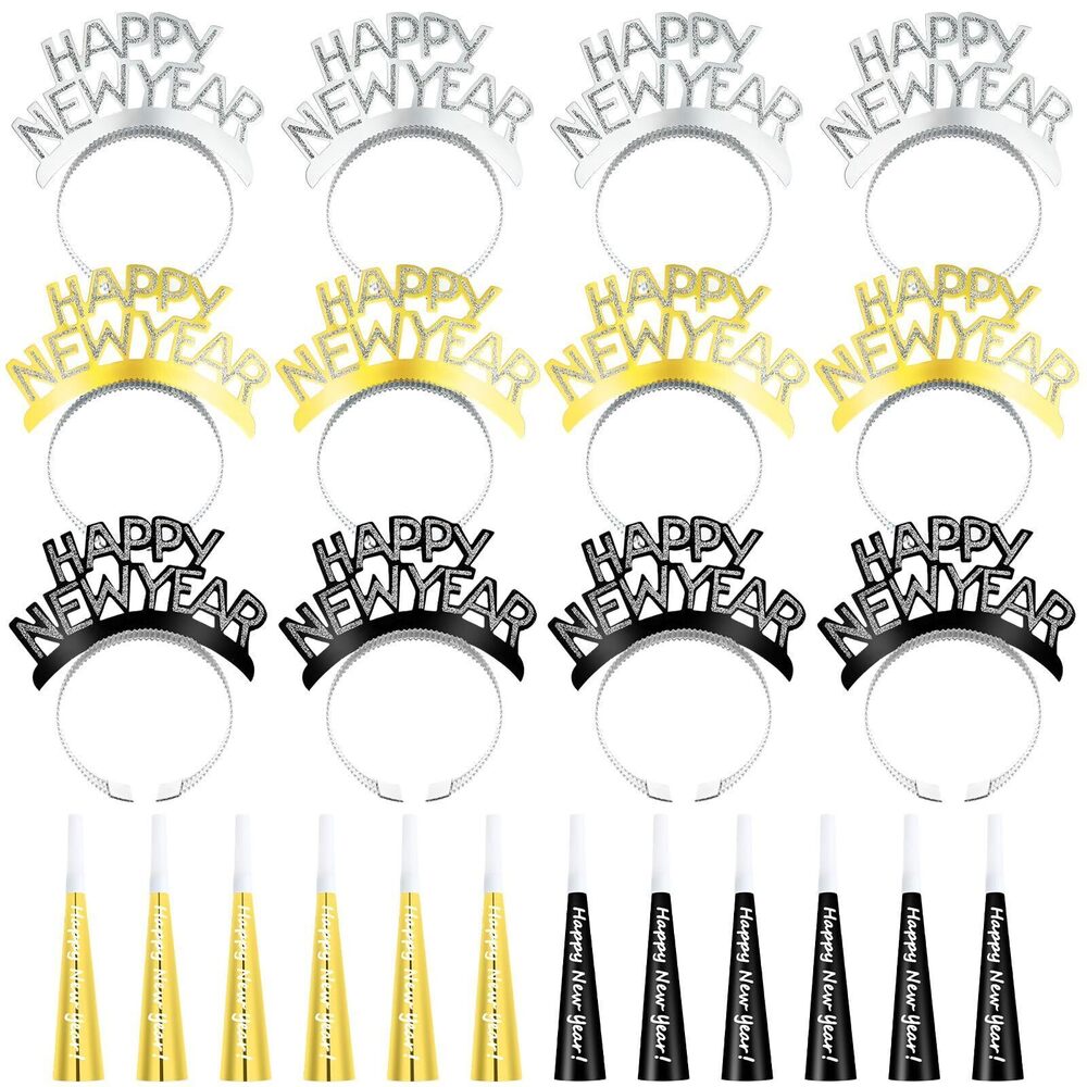 6365 24 Pcs 2026 New Year Party Supplies Happy New Year Headband Horn